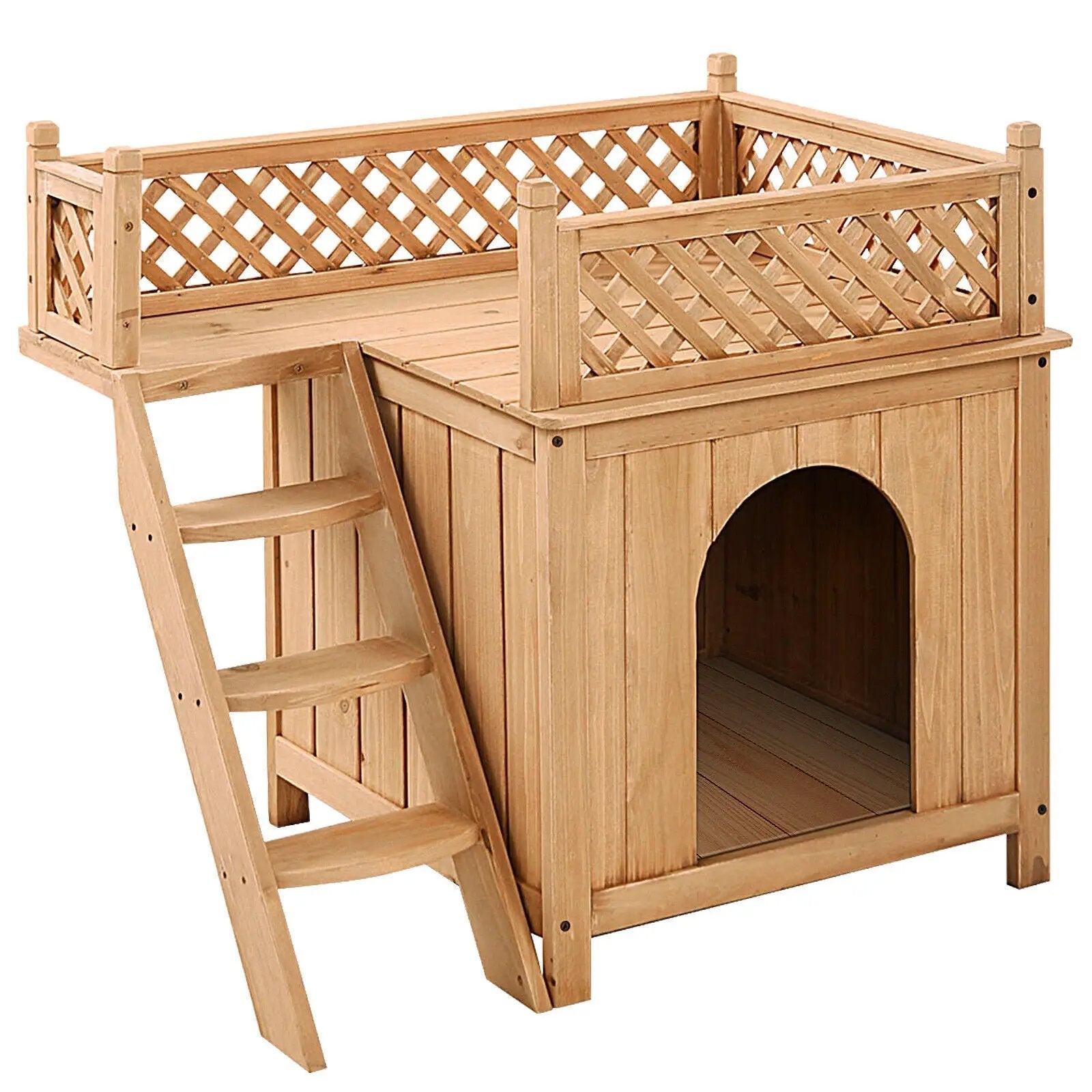 Wooden Dog House with Stairs and Raised Balcony for Puppy and Cat by DirectDeals