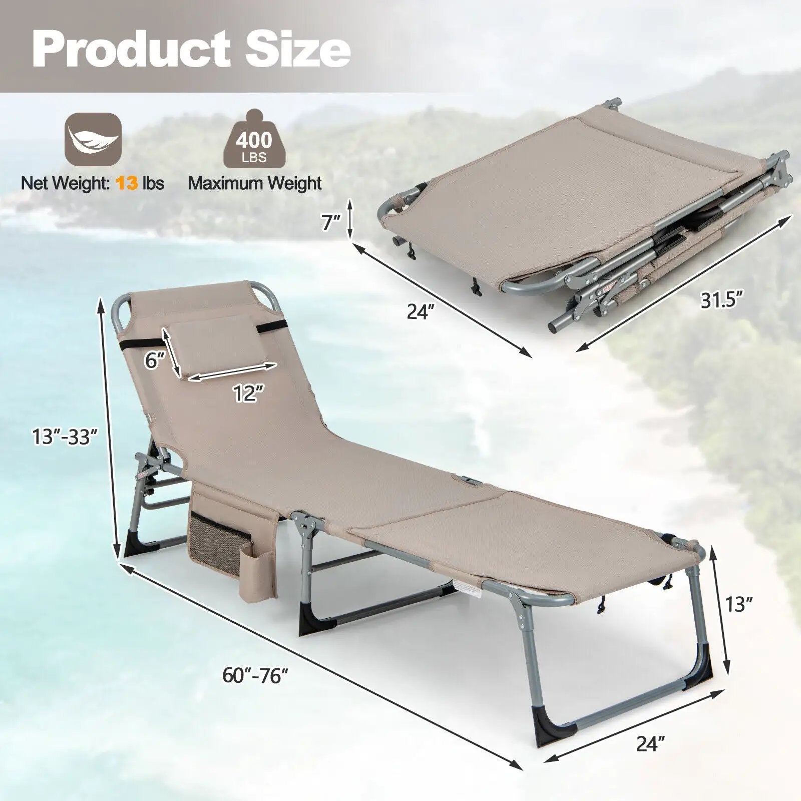5-position Outdoor Folding Chaise Lounge Chair-Beige by DirectDeals