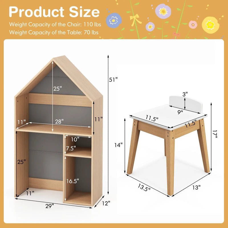 2-in-1 Kids House-Shaped Table and Chair Set-Gray by DirectDeals