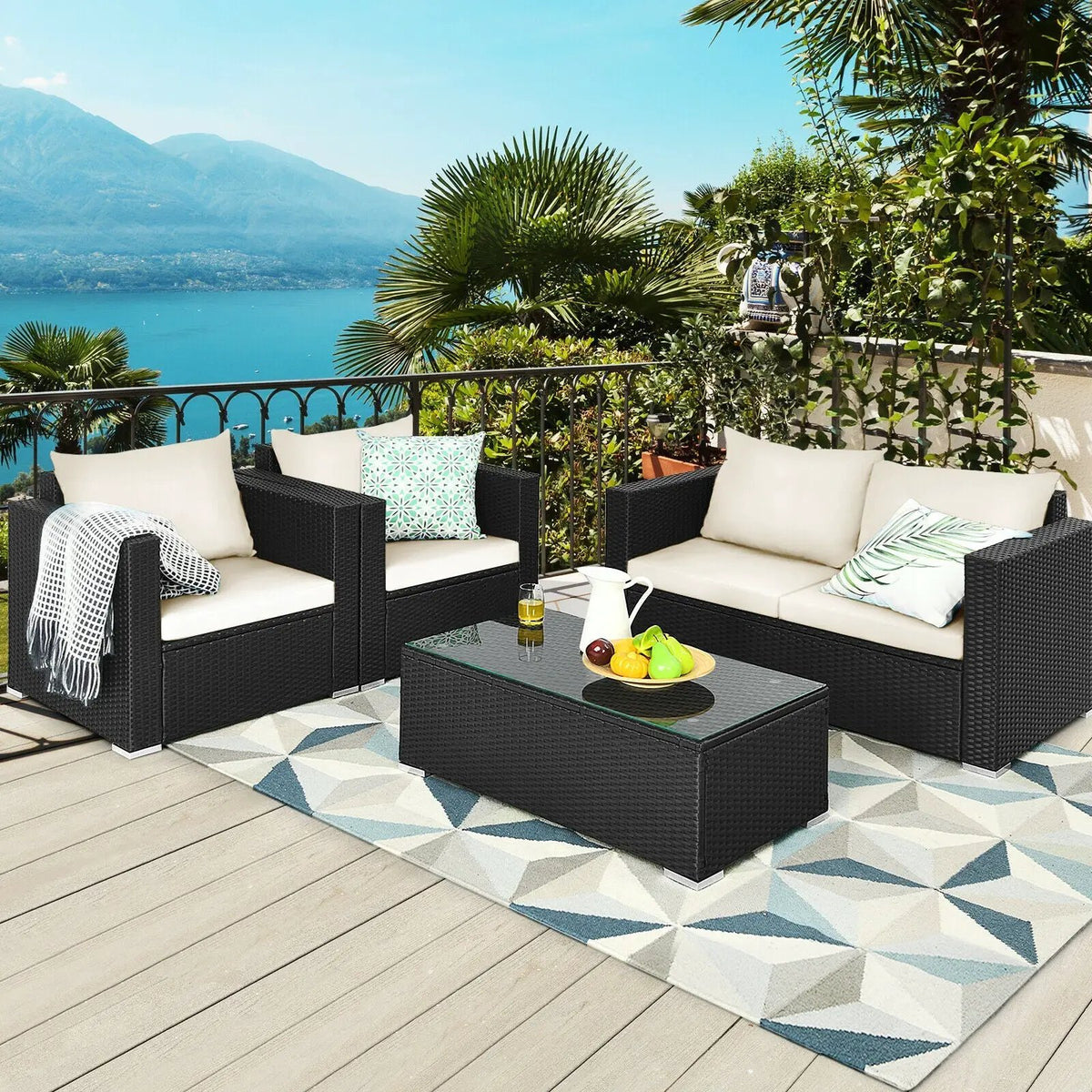 4 Pieces Patio Rattan Conversation Set with Cushions and Coffee Table-Black by DirectDeals