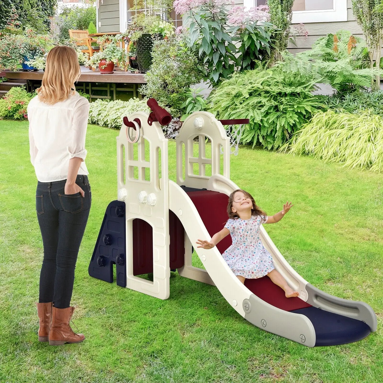 6-In-1 Large Slide for Kids Toddler Climber Slide Playset with Basketball Hoop by DirectDeals