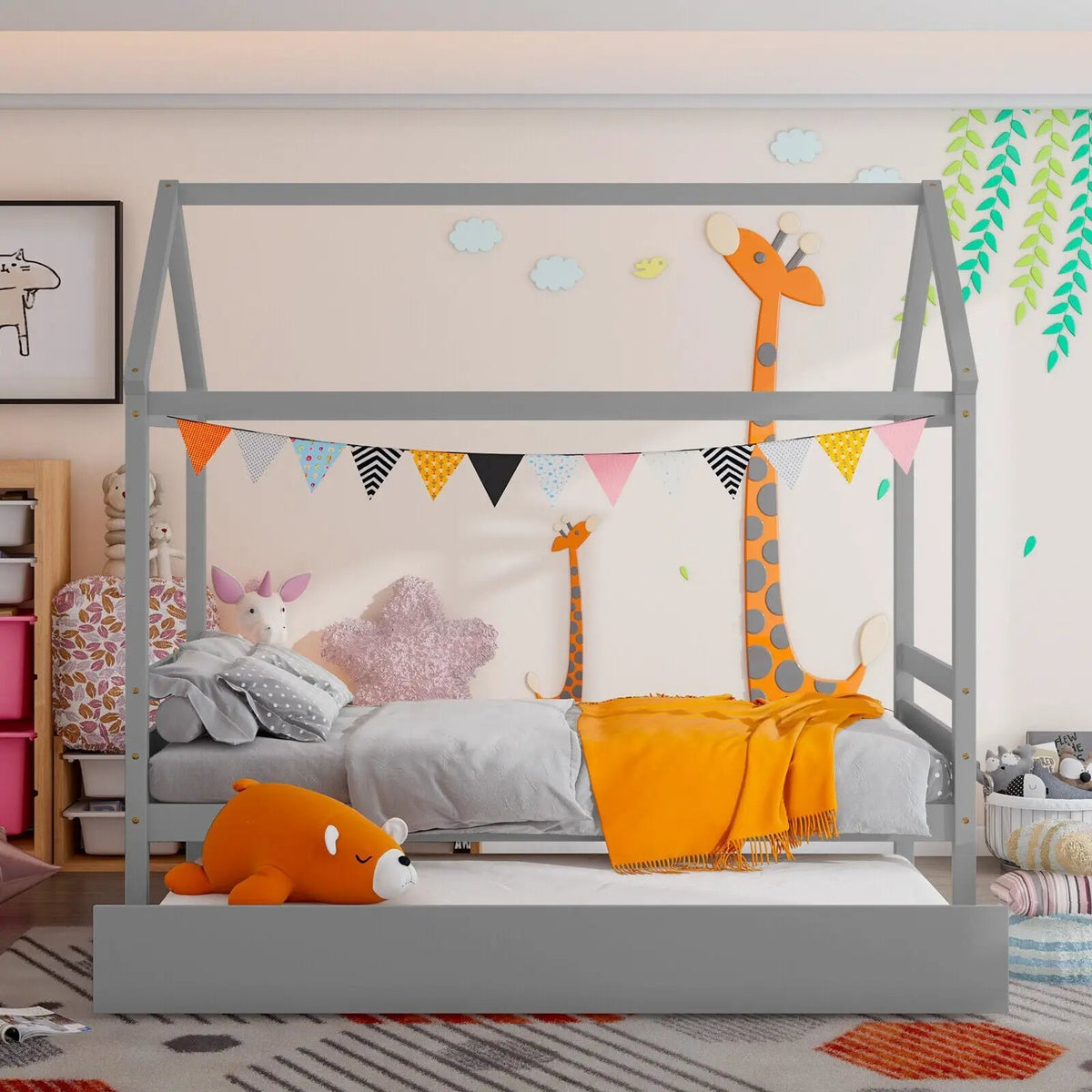 Kids Platform Bed Frame with Roof for Bedroom by DirectDeals