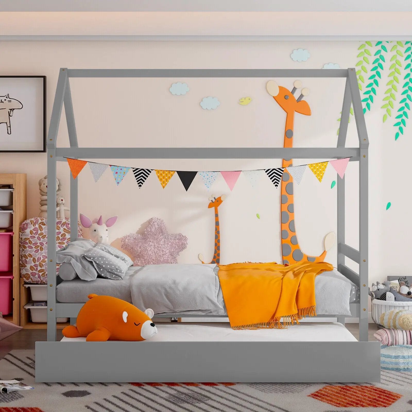 Kids Platform Bed Frame with Roof for Bedroom by DirectDeals