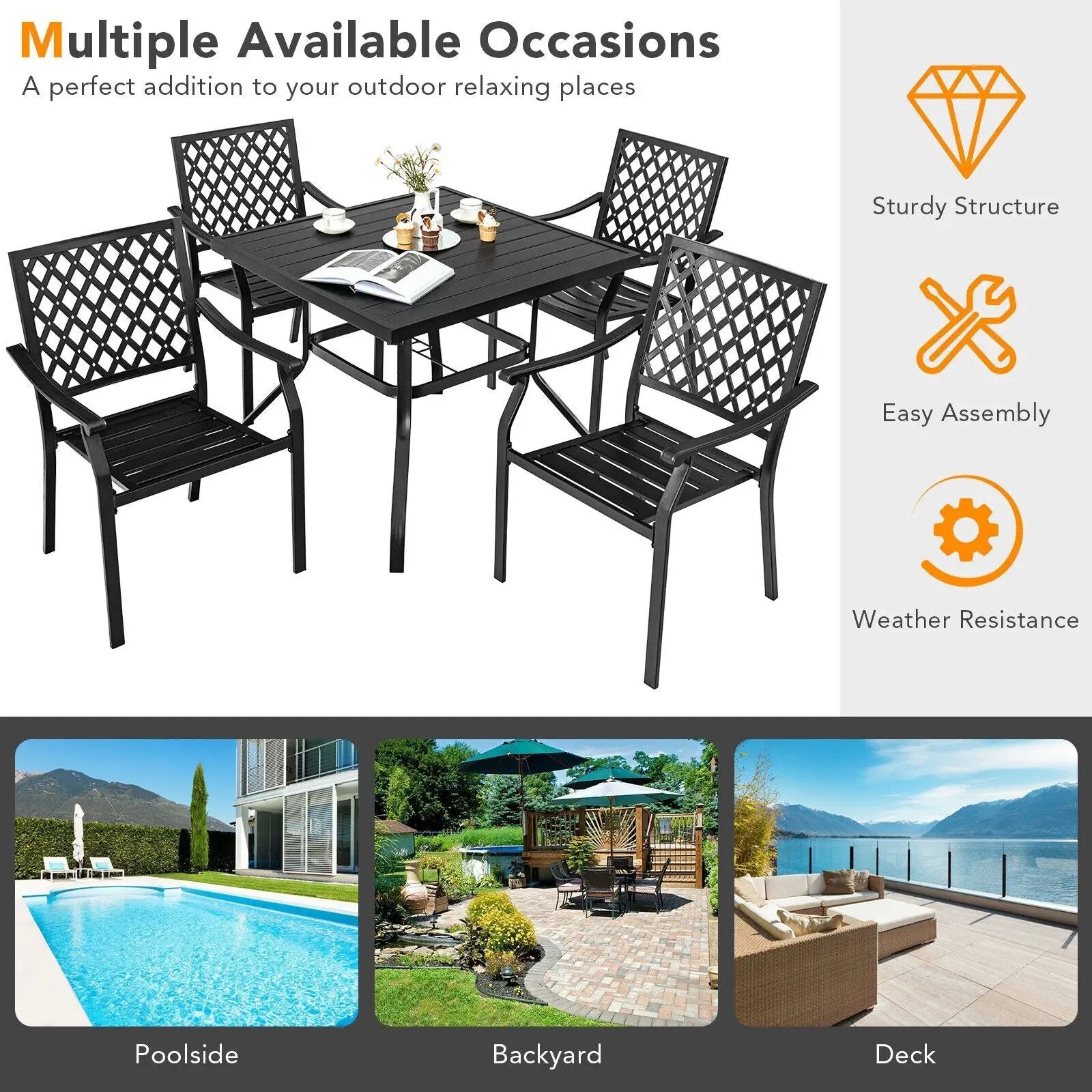 3 Pieces Patio Dining Set Stackable Chairs Armrest Table with Umbrella Hole by DirectDeals