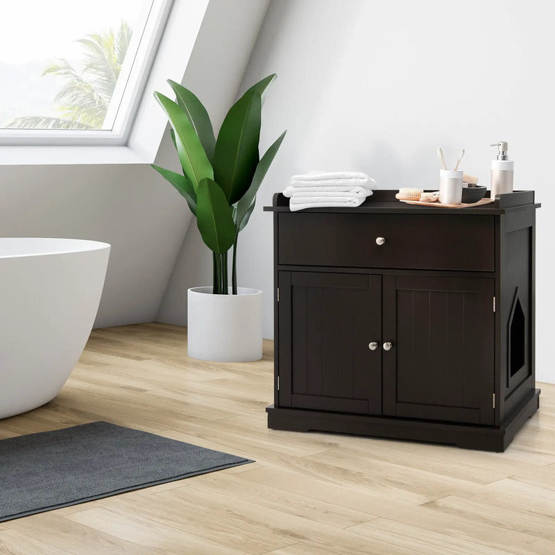 Wooden Cat Litter Box Enclosure with Drawer Side Table Furniture by DirectDeals