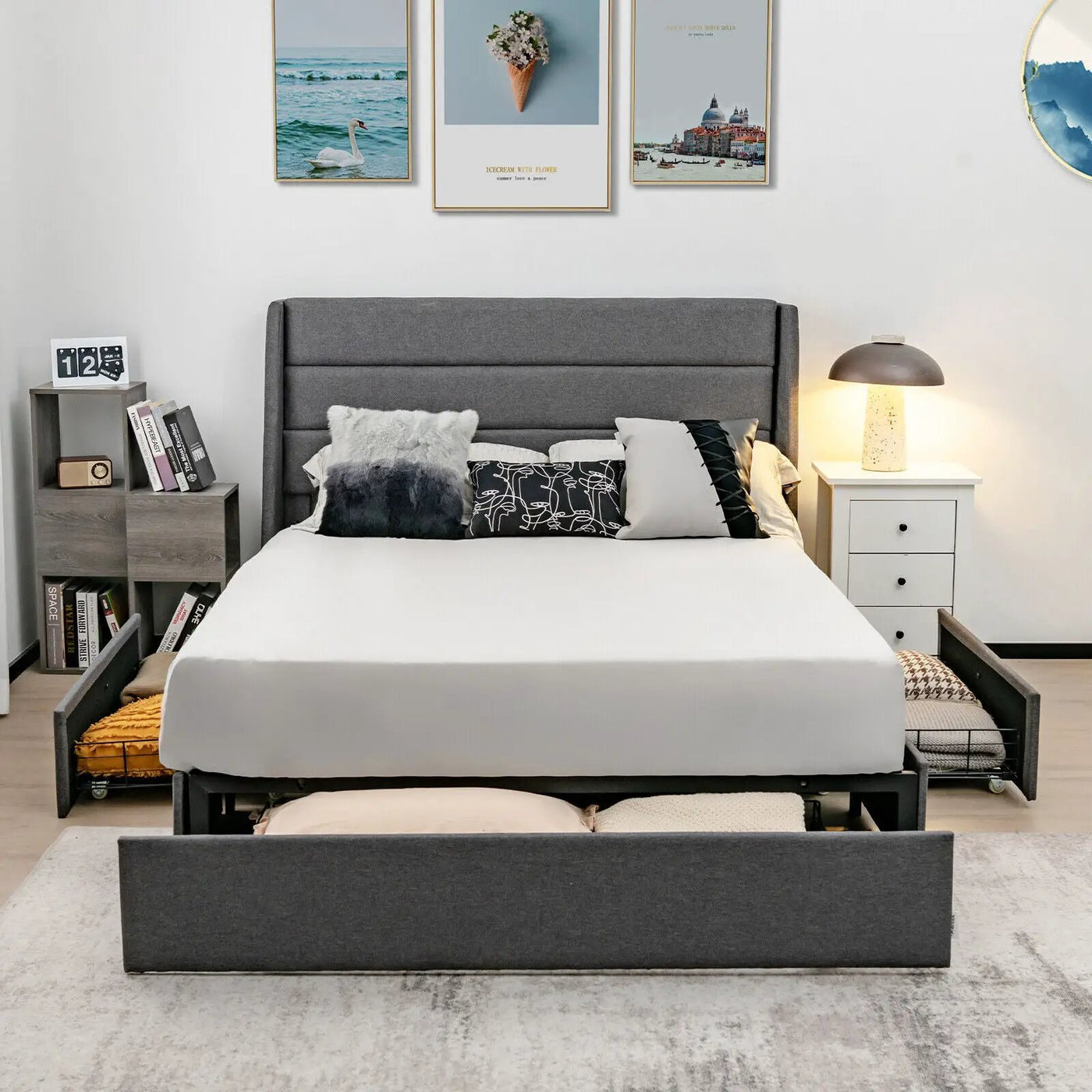 Upholstered Platform Bed Frame with 3 Storage Drawers by DirectDeals