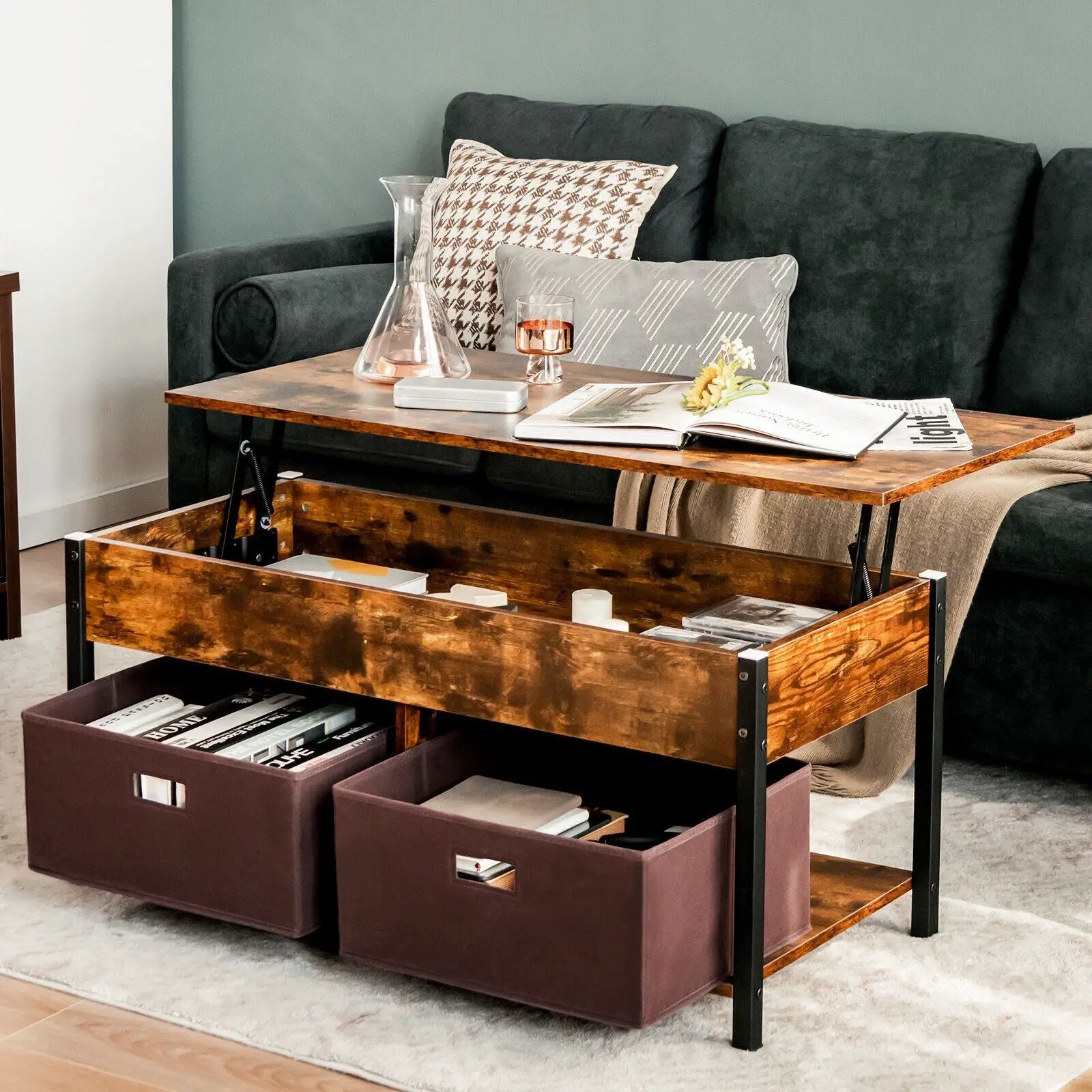 Lift Top Coffee Table Central Table with Drawers and Hidden Compartment for Living Room by DirectDeals