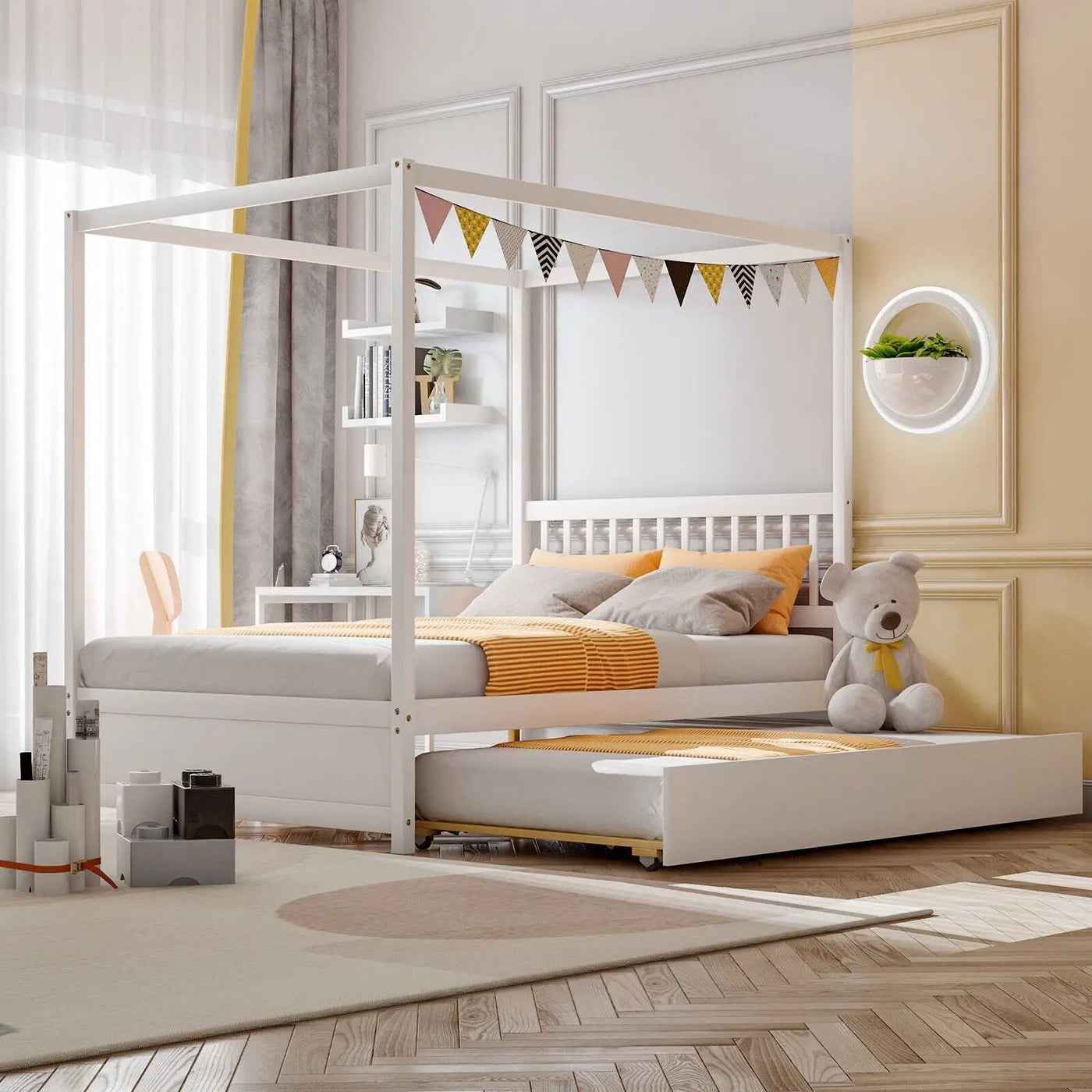 Full Size Canopy Bed with Trundle Wooden Platform Bed Frame Headboard by DirectDeals