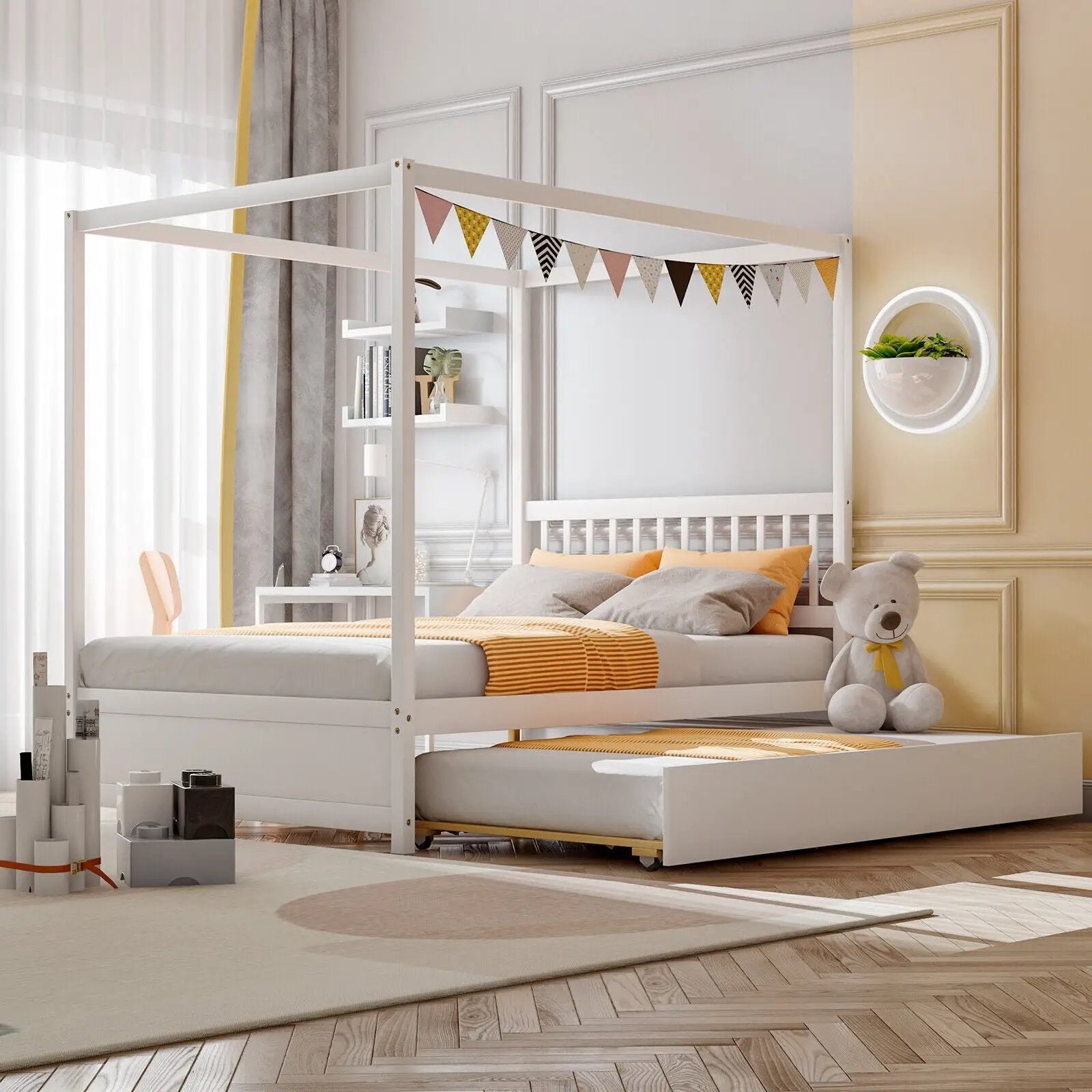 Full Size Canopy Bed with Trundle Wooden Platform Bed Frame Headboard by DirectDeals
