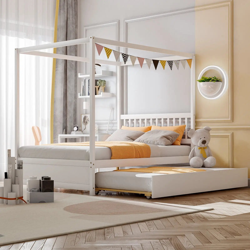 Full Size Canopy Bed with Trundle Wooden Platform Bed Frame Headboard by DirectDeals