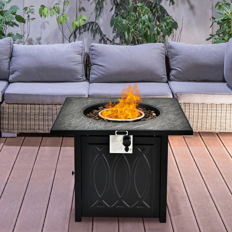 32 Inch Propane Fire Pit Table Square Tabletop with Lava Rocks Cover 50000 BTU-Black by DirectDeals