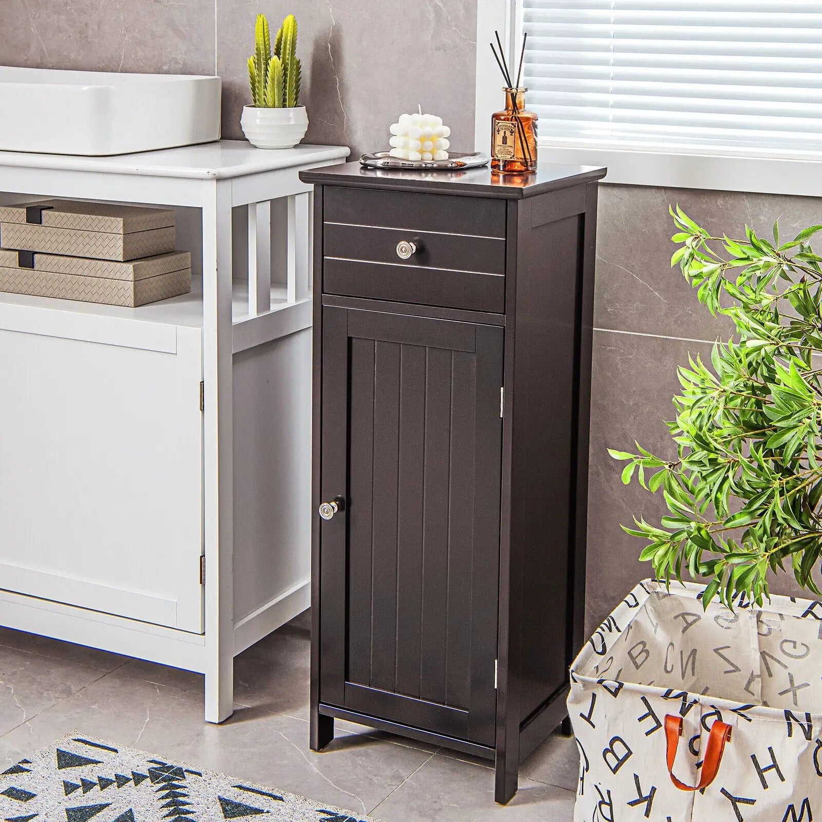 Wooden Bathroom Floor Storage Cabinet with Drawer and Shelf by DirectDeals