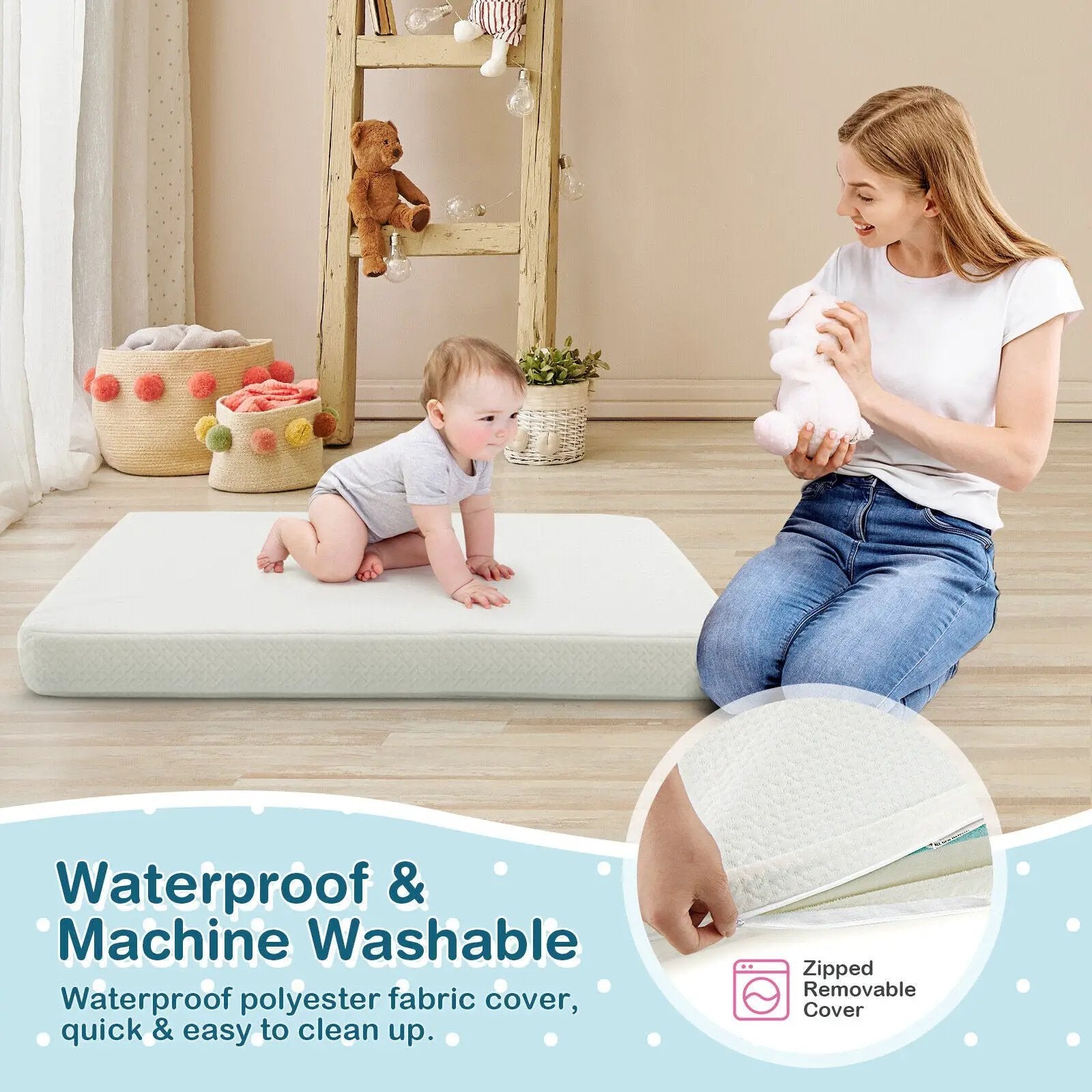 38 x 26 Inch Dual Sided Pack and Play Baby Mattress Pad with Removable Washable Cover-White by DirectDeals