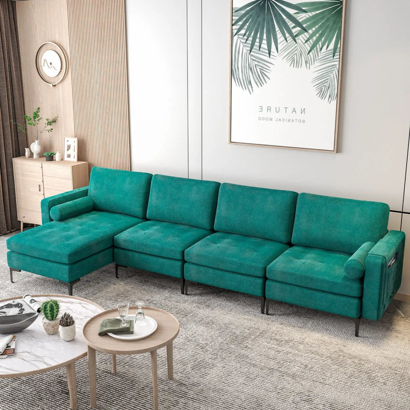 Modular L-shaped 4-Seat Sectional Sofa with Reversible Chaise and 2 USB Socket by DirectDeals