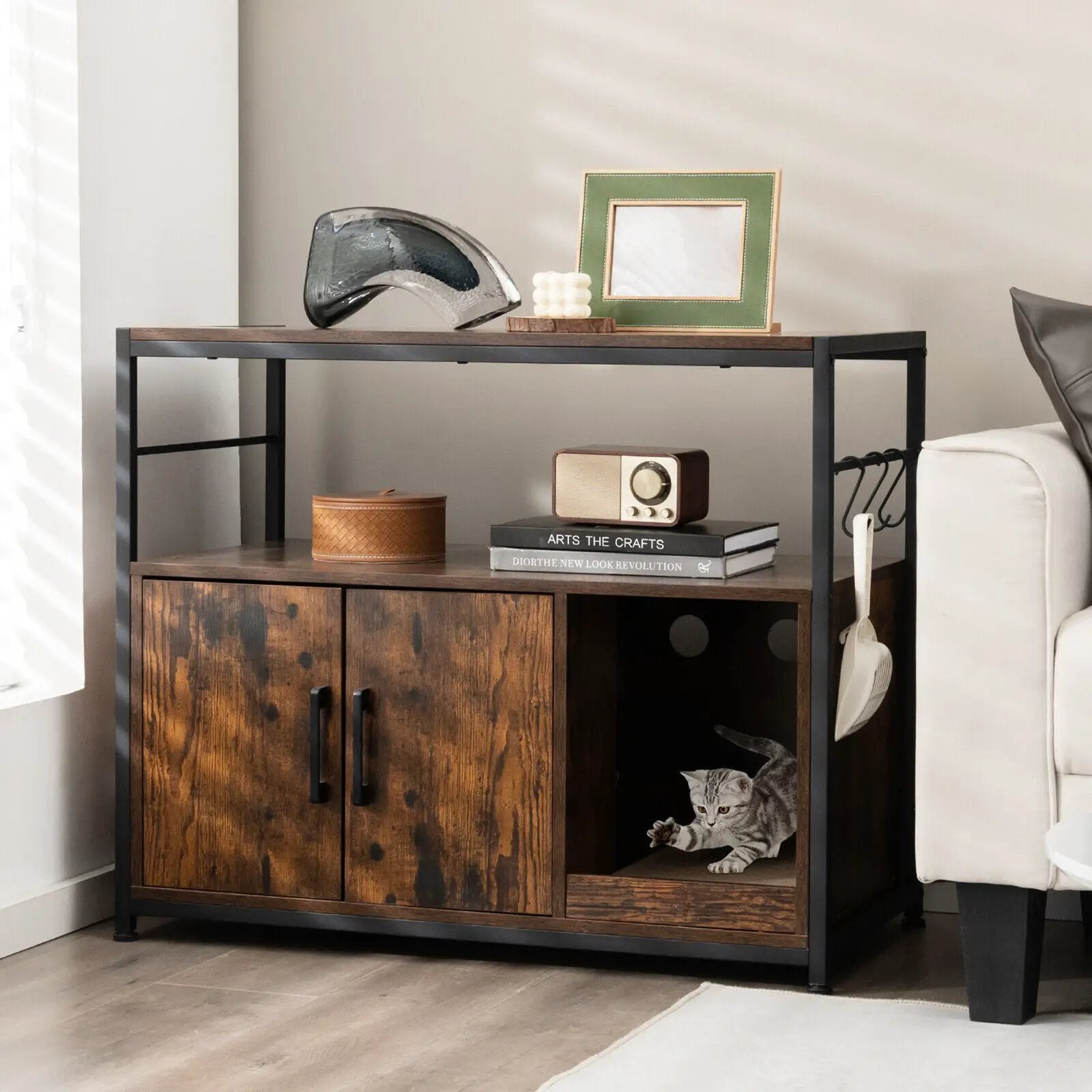 Wooden Cat Box Cabinet with with Metal Frame and Scratching Pad-Rustic Brown by DirectDeals