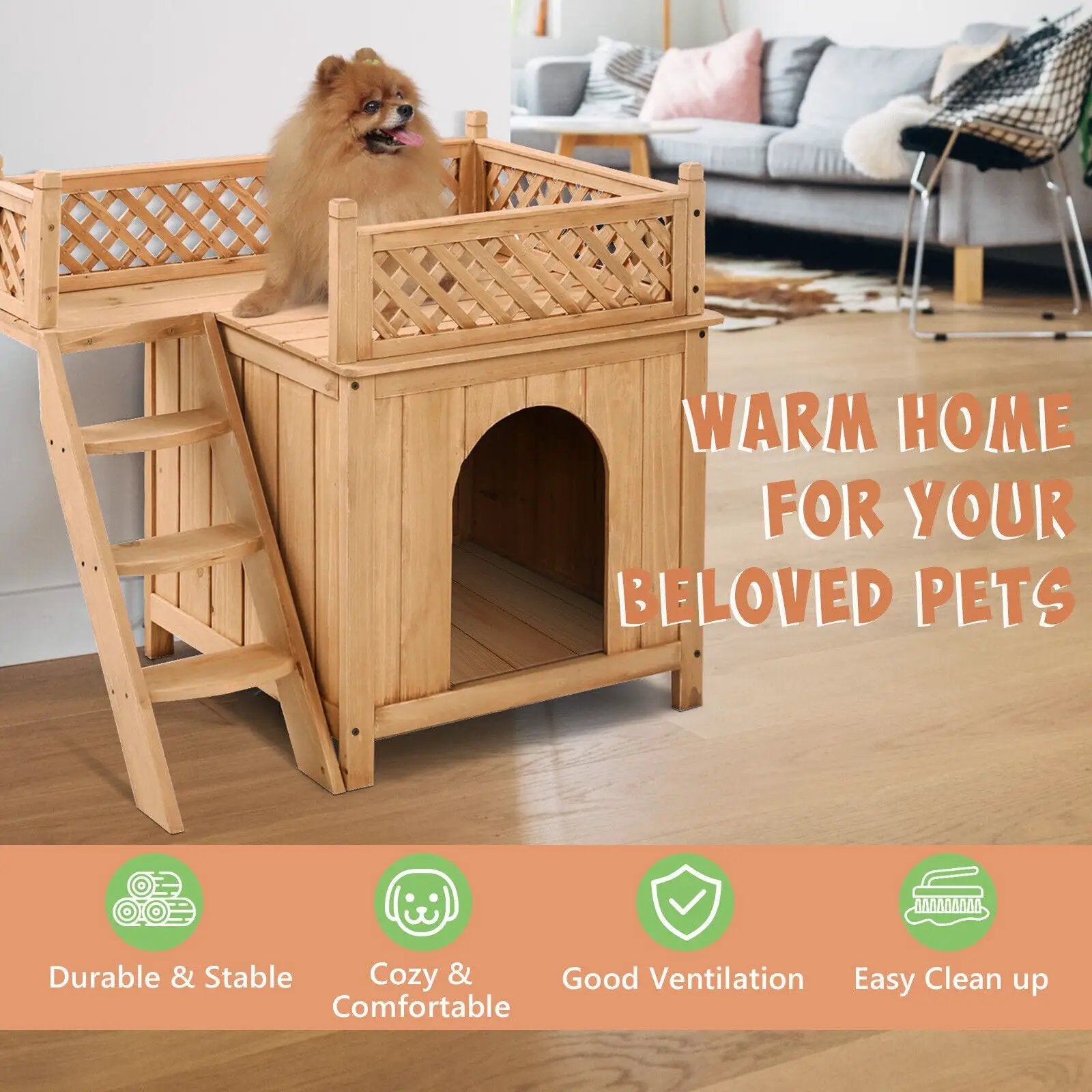 Wooden Dog House with Stairs and Raised Balcony for Puppy and Cat by DirectDeals