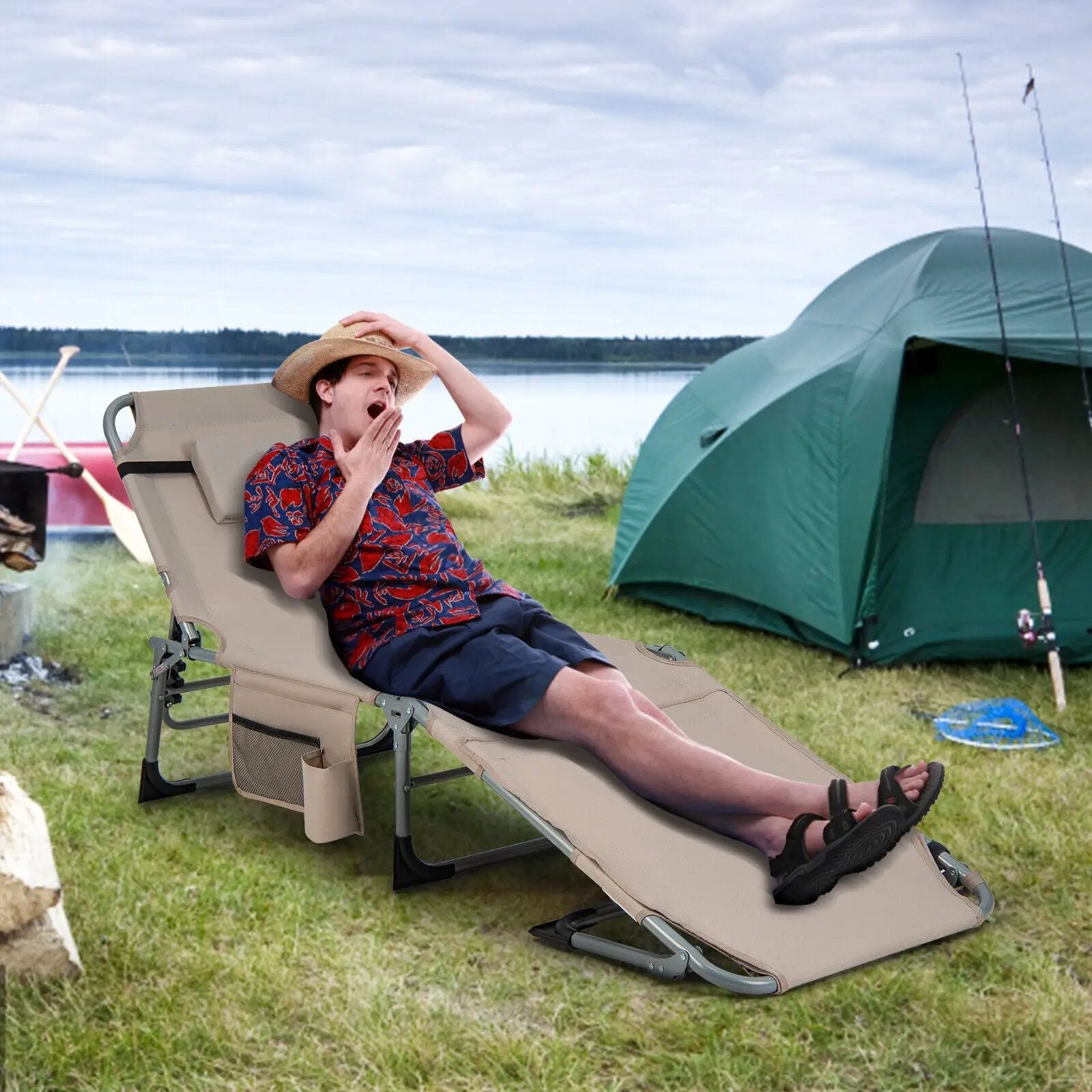 5-position Outdoor Folding Chaise Lounge Chair-Beige by DirectDeals
