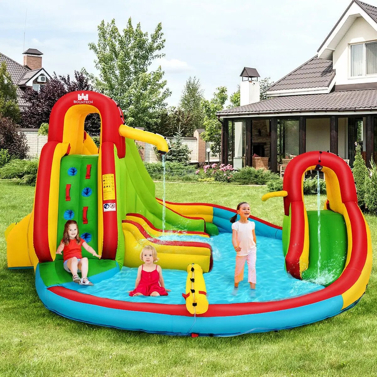 Kid's Inflatable Water Slide Bounce House with Climbing Wall and Pool Without Blower by DirectDeals