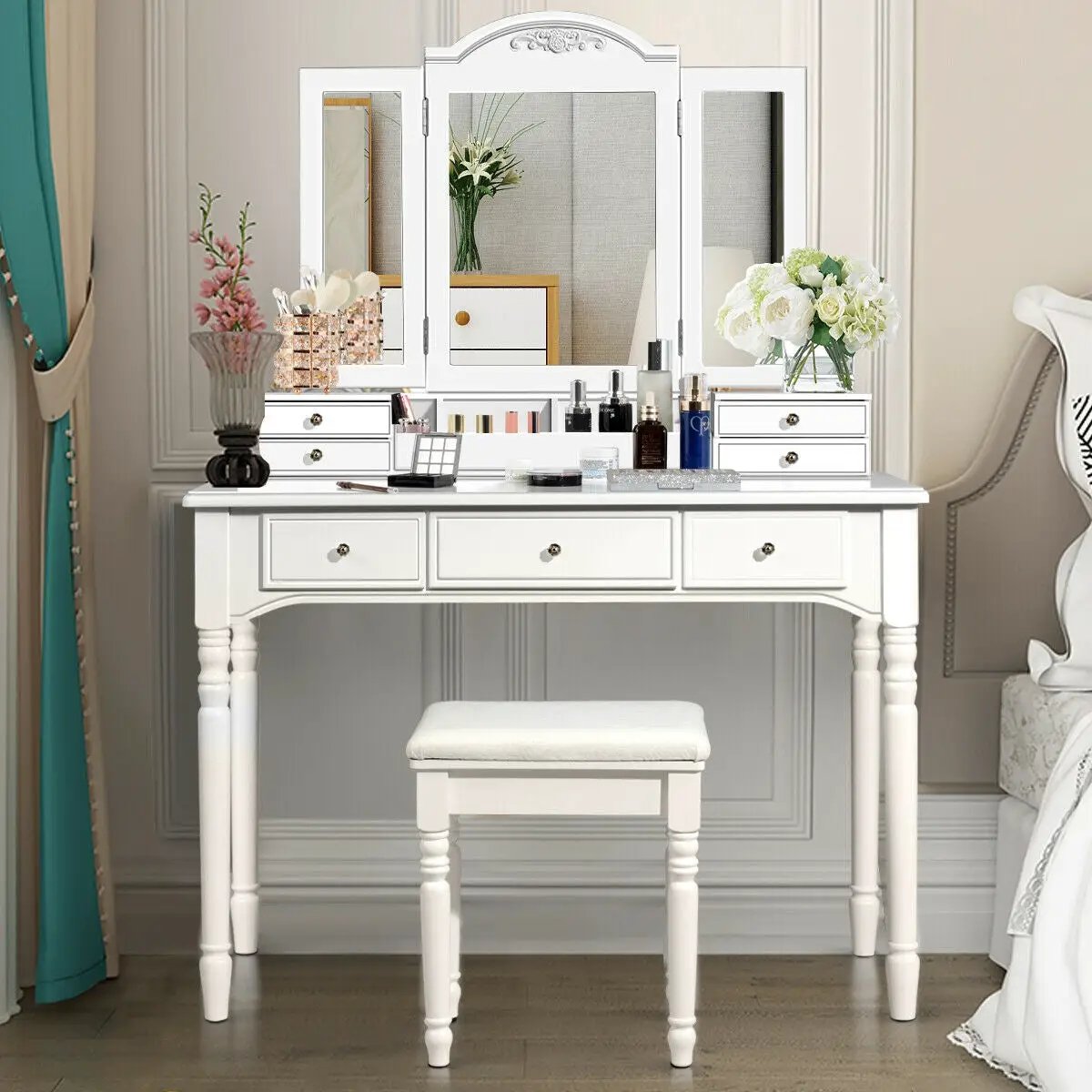 Makeup Dressing Table with Tri-Folding Mirror and Cushioned Stool for Women by DirectDeals