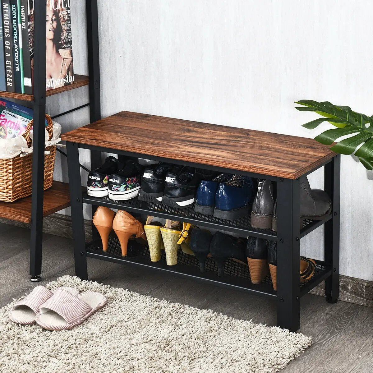 3-Tier Shoe Rack Industrial Shoe Bench with Storage Shelves by DirectDeals