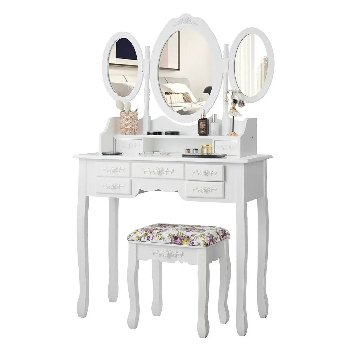 7 Drawer Tri-Folding Mirror Dressing Vanity Makeup Set by DirectDeals