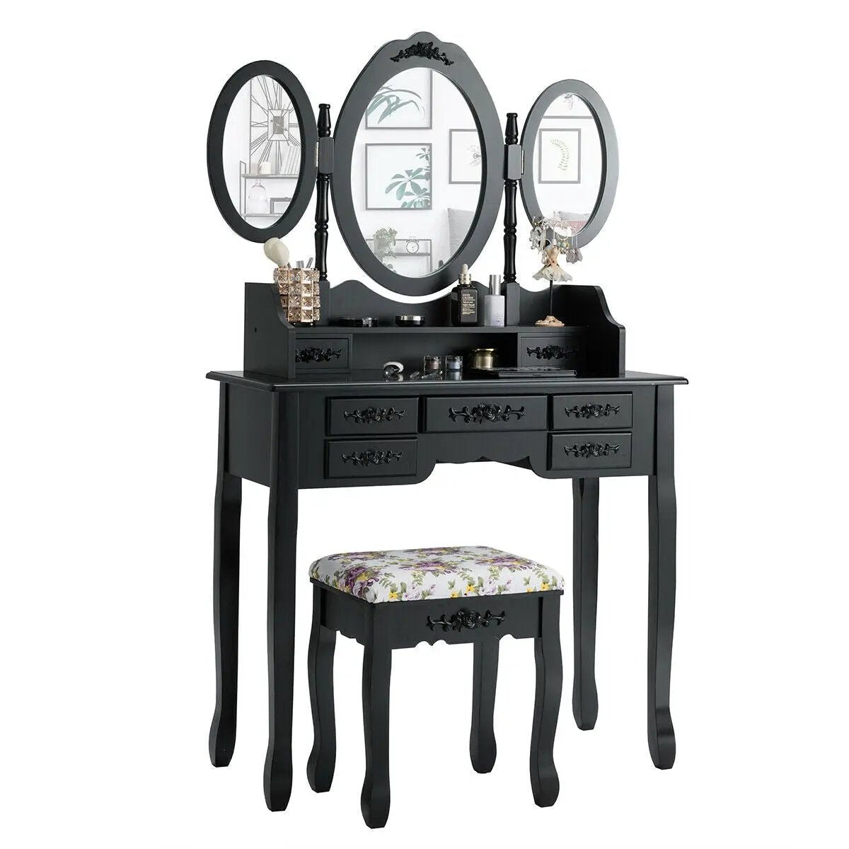 7 Drawer Tri-Folding Mirror Dressing Vanity Makeup Set by DirectDeals