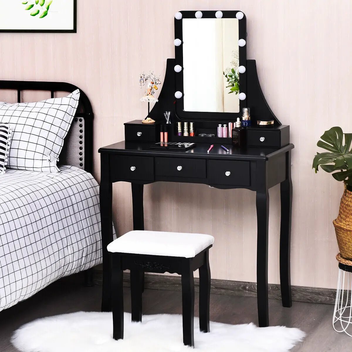 10 Dimmable Light Bulbs Vanity Dressing Table with 2 Dividers and Cushioned Stool by DirectDeals