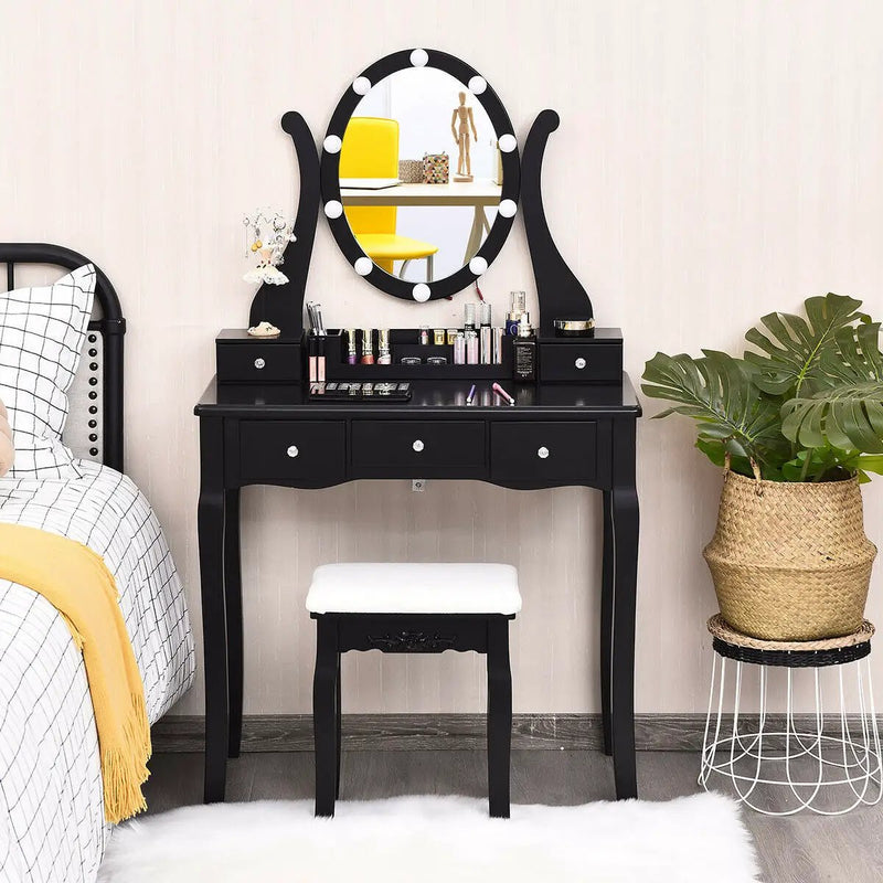 10 Dimmable Lights Vanity Table Set with Lighted Mirror and Cushioned Stool by DirectDeals
