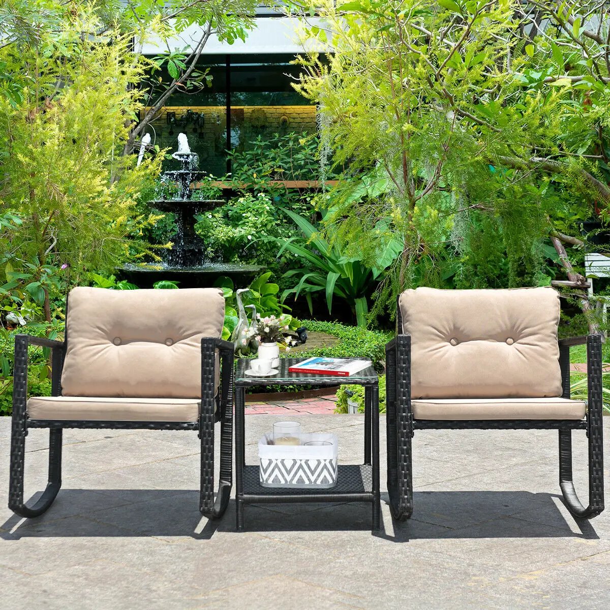 3 Pieces Cushioned Patio Rattan Set with Rocking Chair and Table-Black by DirectDeals