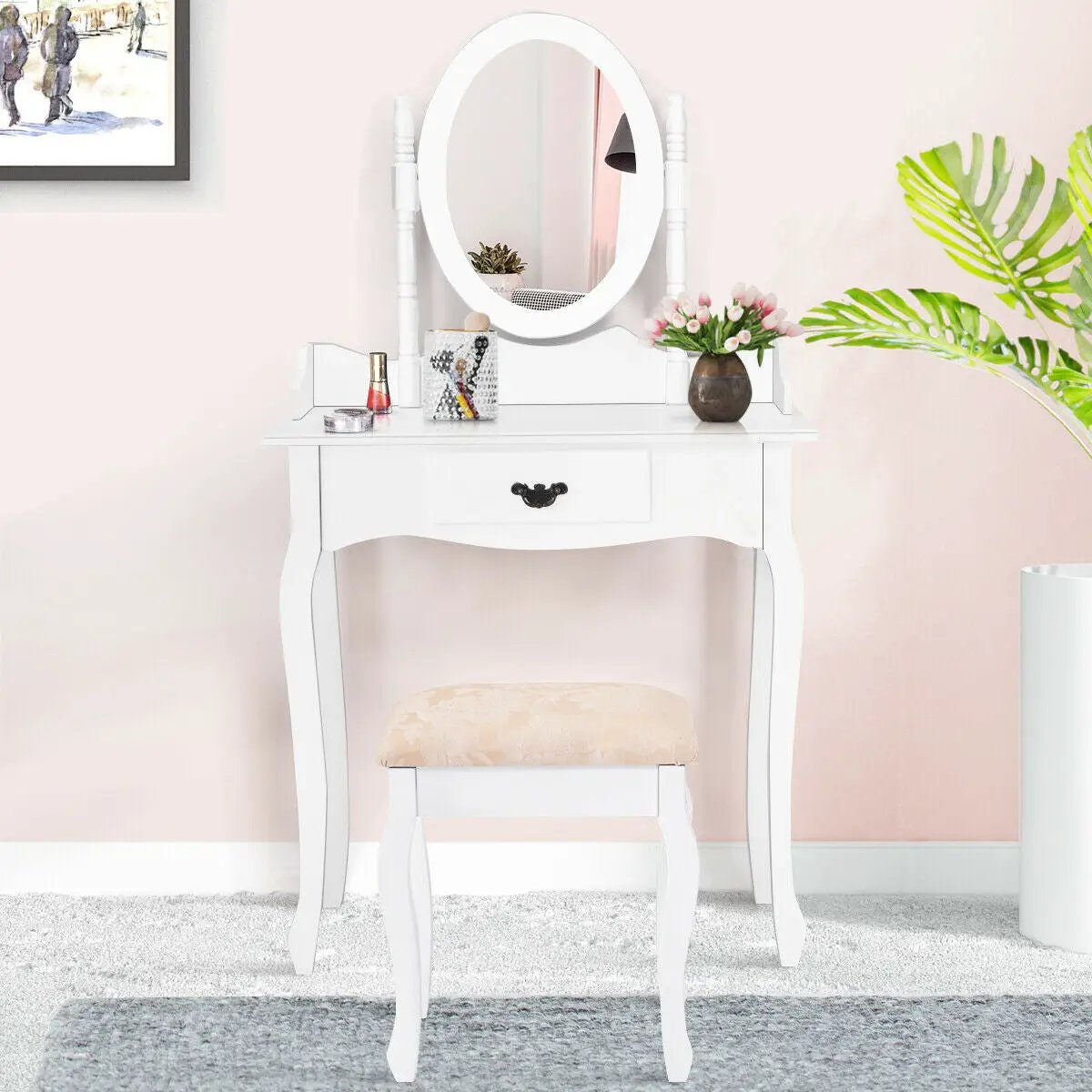 Wooden Vanity Makeup Set with Cushioned Stool and Oval Rotating Mirror by DirectDeals