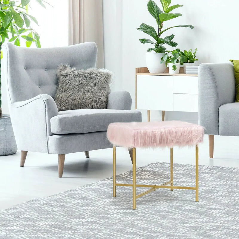 Faux Fur Ottoman Decorative Stool with Metal Legs by DirectDeals