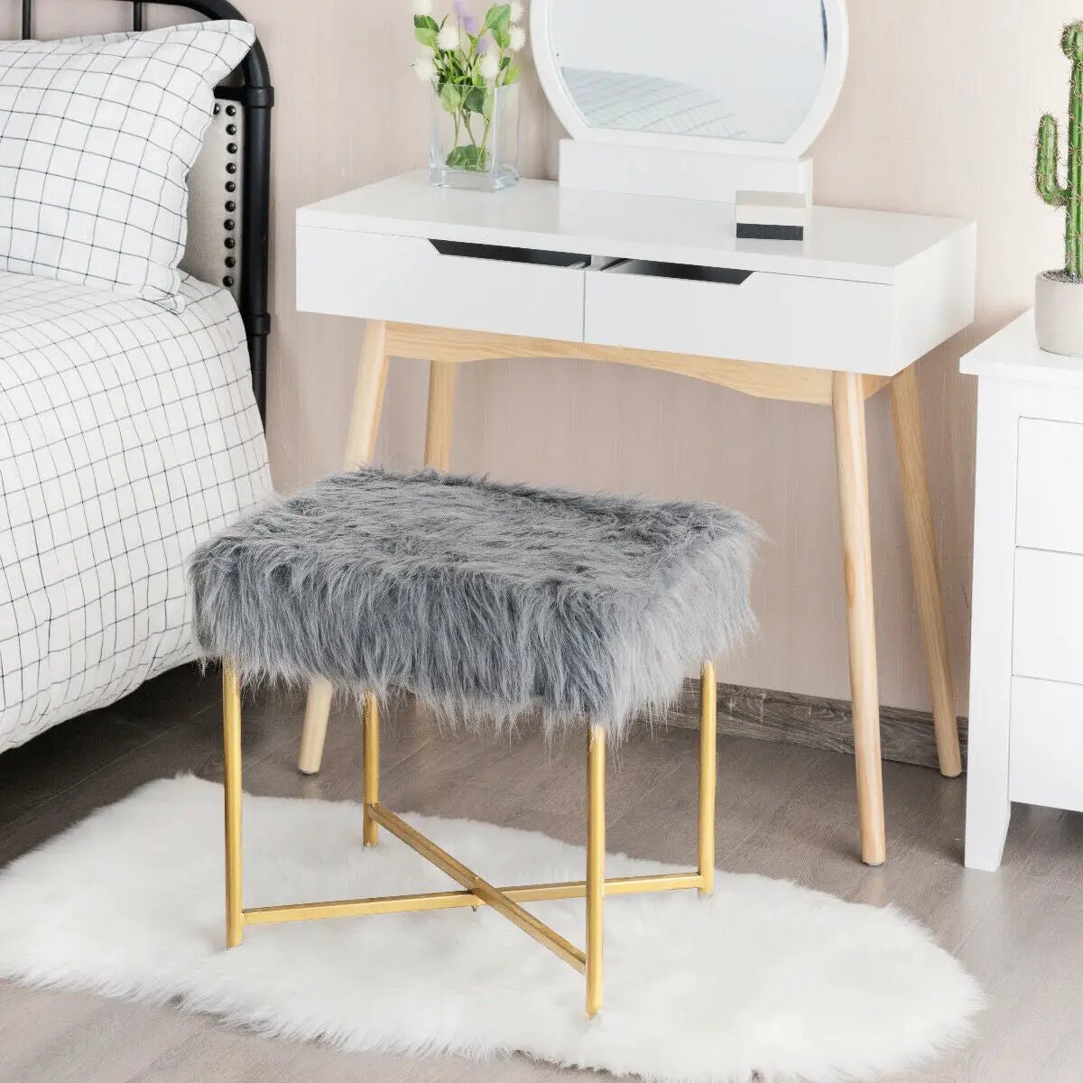 Faux Fur Ottoman Decorative Stool with Metal Legs by DirectDeals