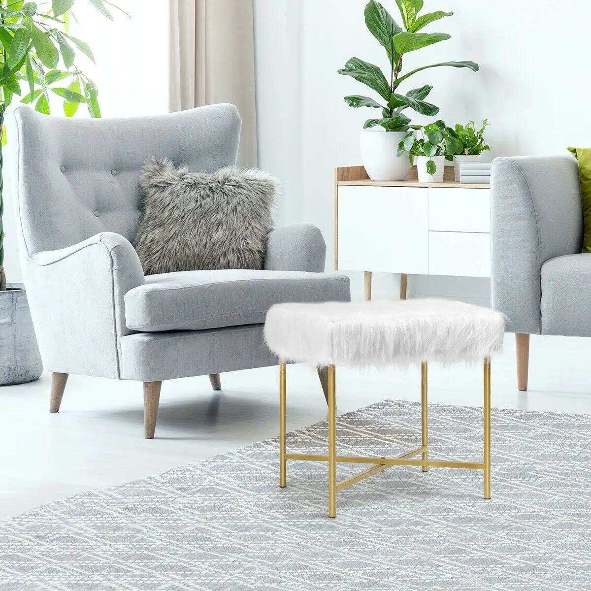 Faux Fur Ottoman Decorative Stool with Metal Legs by DirectDeals