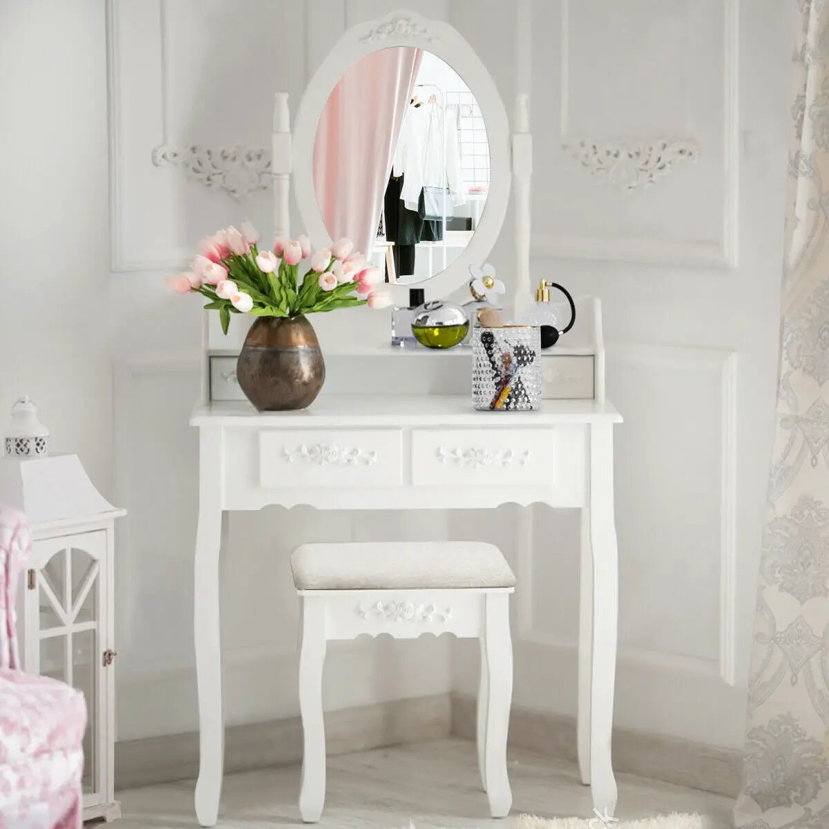 Wood Vanity Table Set with Oval Mirror and 4 Drawers for Kids Girls Women-White by DirectDeals