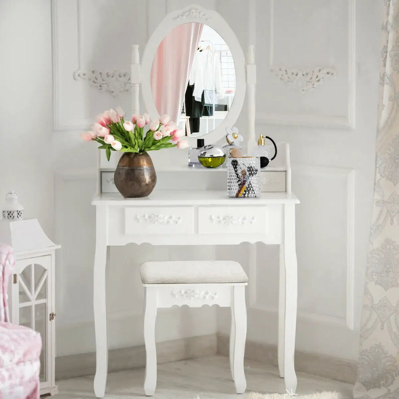Wood Vanity Table Set with Oval Mirror and 4 Drawers for Kids Girls Women-White by DirectDeals