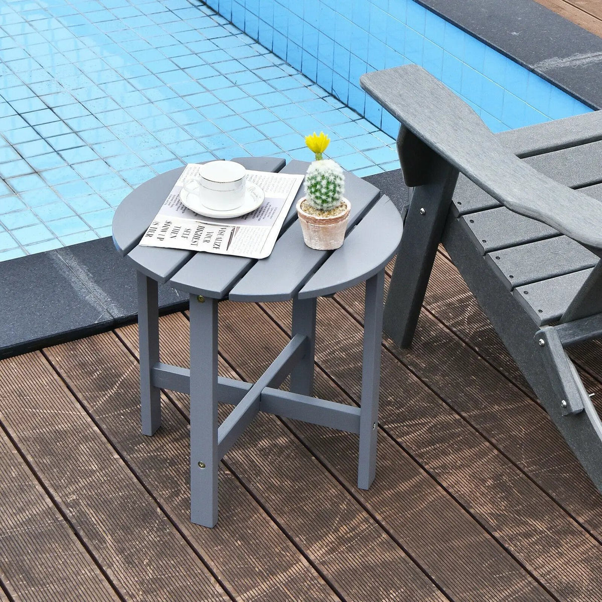 18 Inch Patio Round Side Wooden Slat End Coffee Table for Garden by DirectDeals