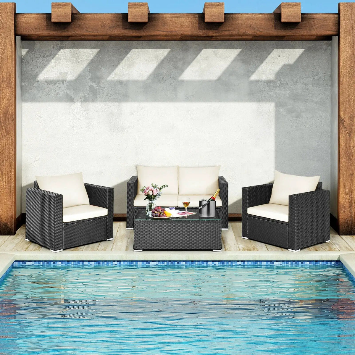 4 Pieces Patio Rattan Conversation Set with Cushions and Coffee Table-Black by DirectDeals