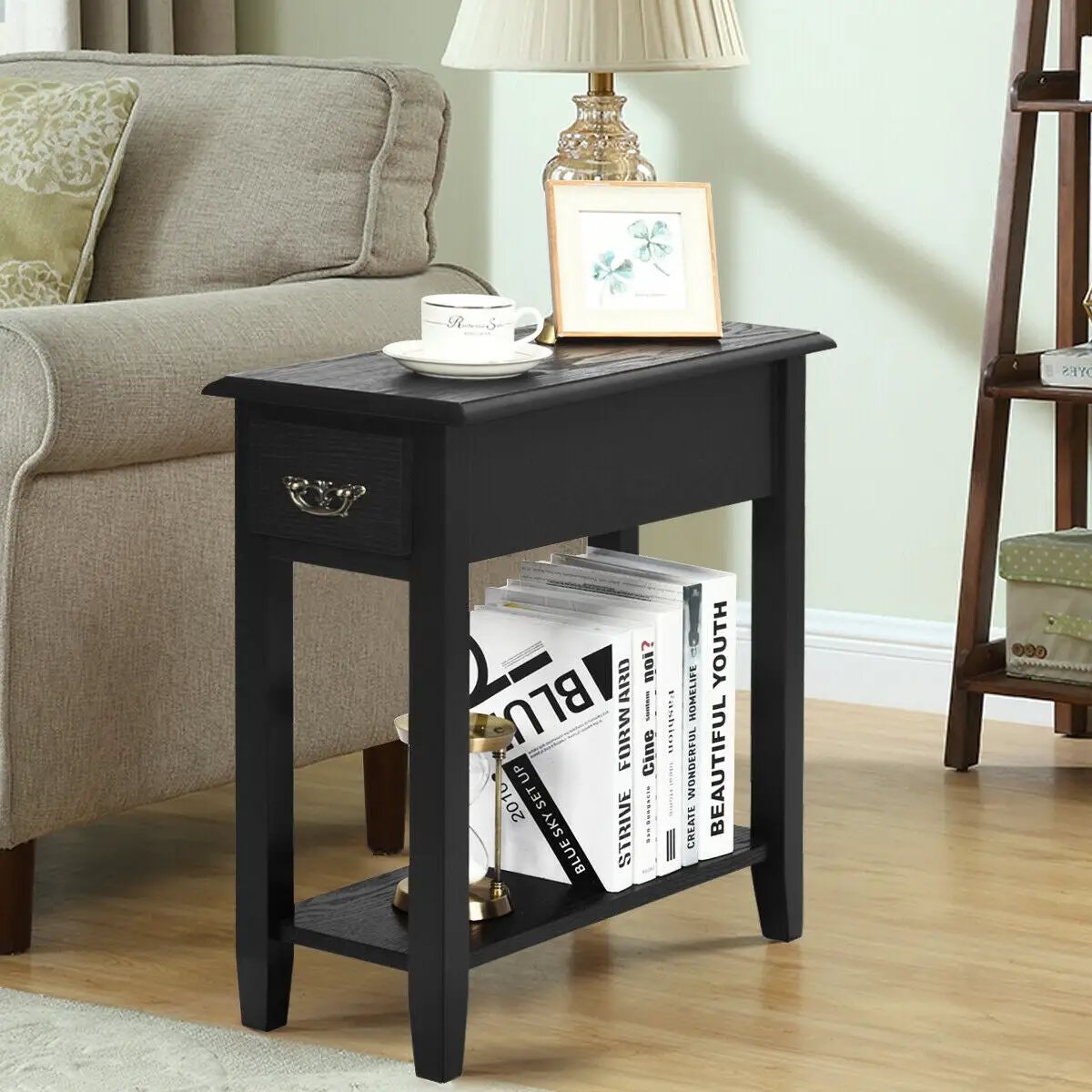 2 Pieces 2 Tier Sofa Side End Table with Drawer and Open Shelf by DirectDeals