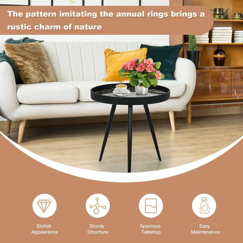 Modern Round End Table with Wooden Tray Top for Living Room Bedroom-Black by DirectDeals