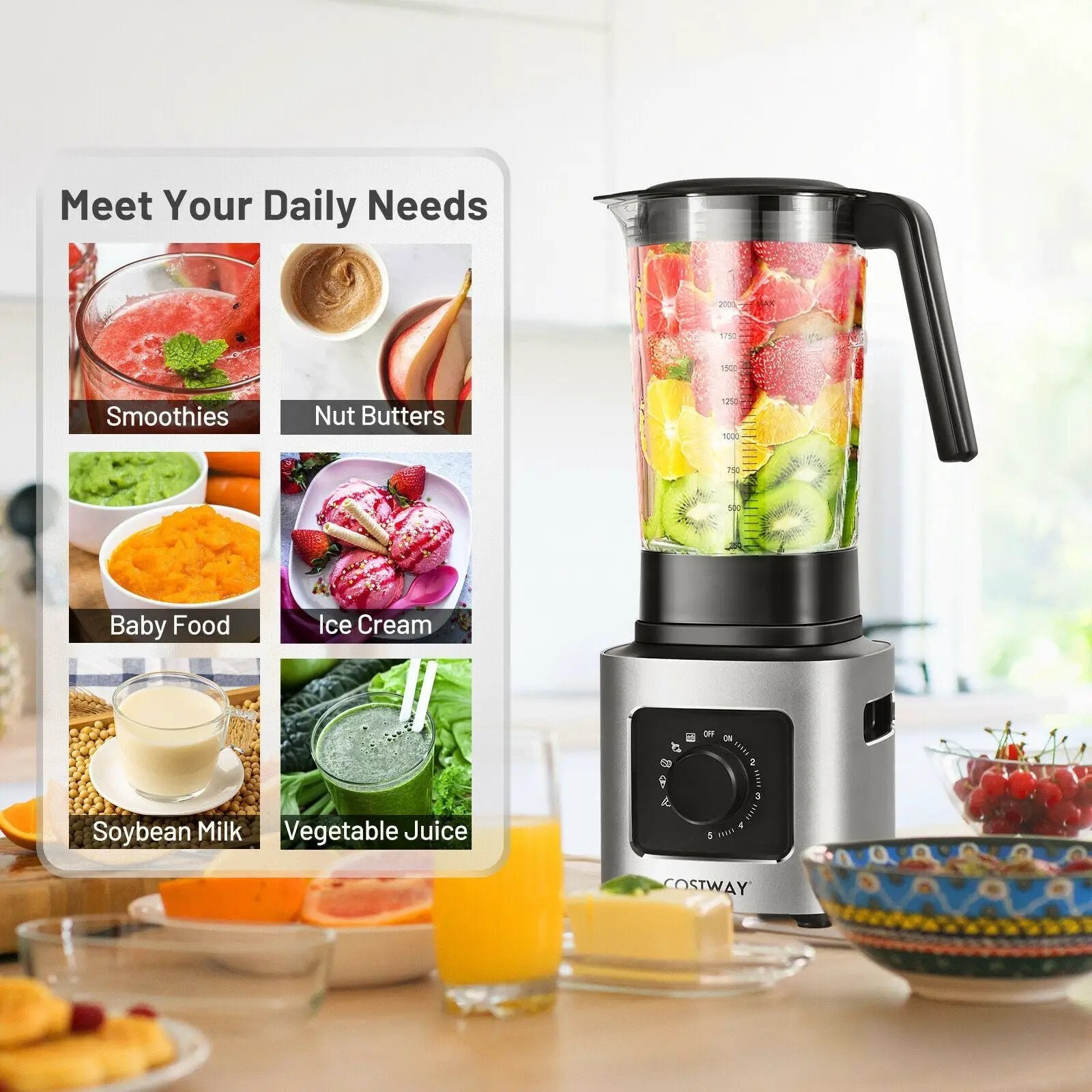 1500W 5-Speed Countertop Smoothie Blender with 5 Presets and 68oz Tritan Jar-Silver by DirectDeals