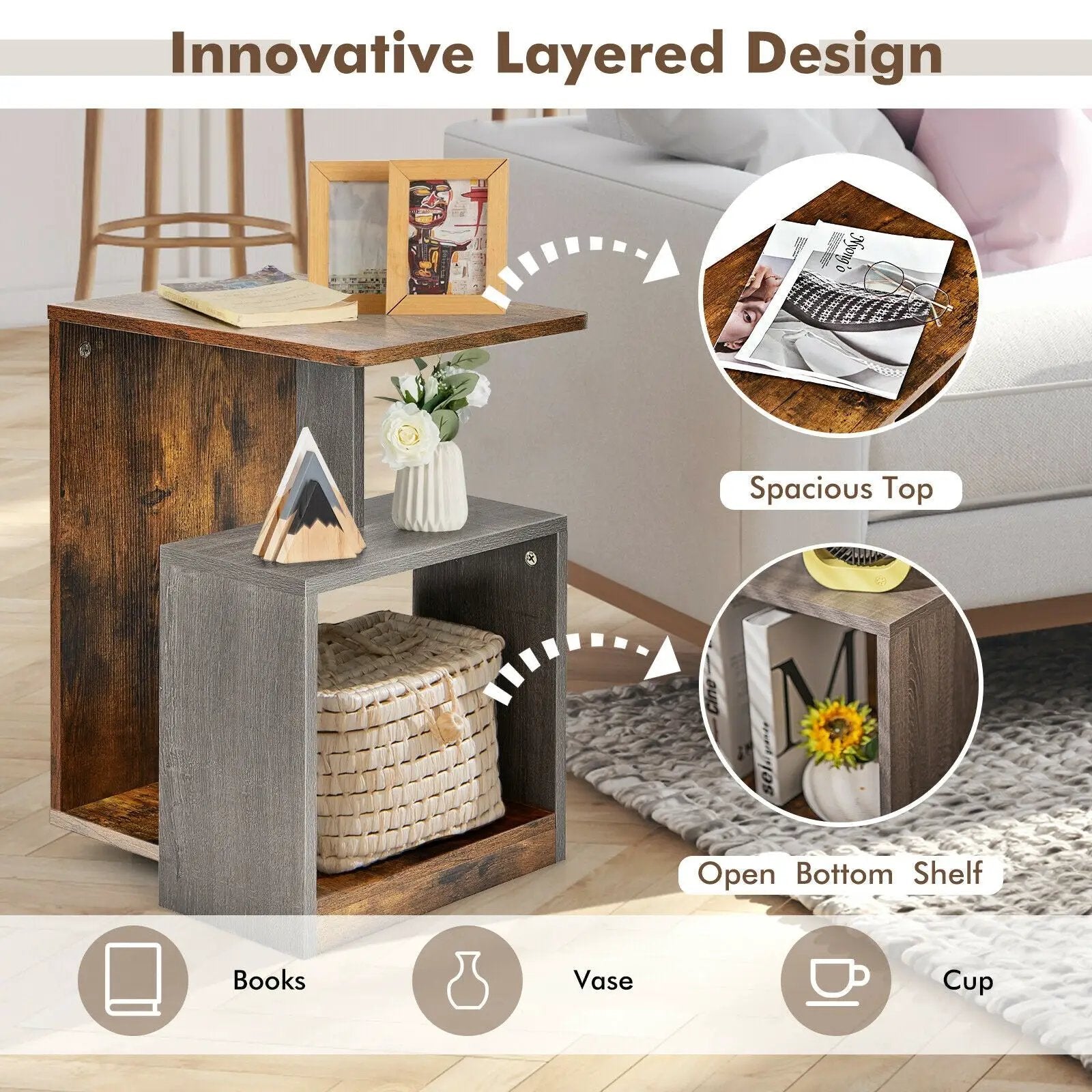 3-Tier End Table with Open Storage Shelf for Living Room Bedroom-Brown by DirectDeals
