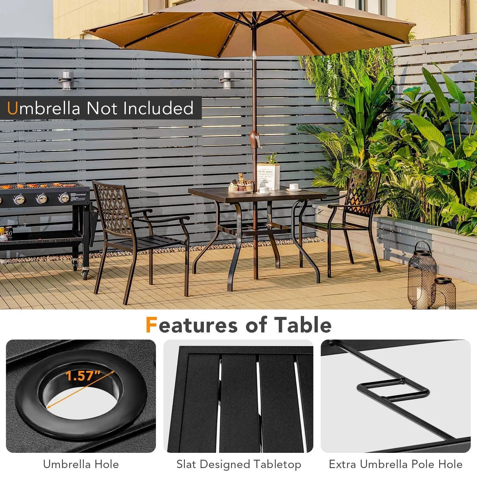 3 Pieces Patio Dining Set Stackable Chairs Armrest Table with Umbrella Hole by DirectDeals