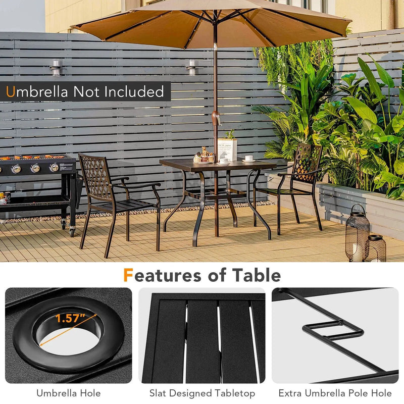 3 Pieces Patio Dining Set Stackable Chairs Armrest Table with Umbrella Hole by DirectDeals