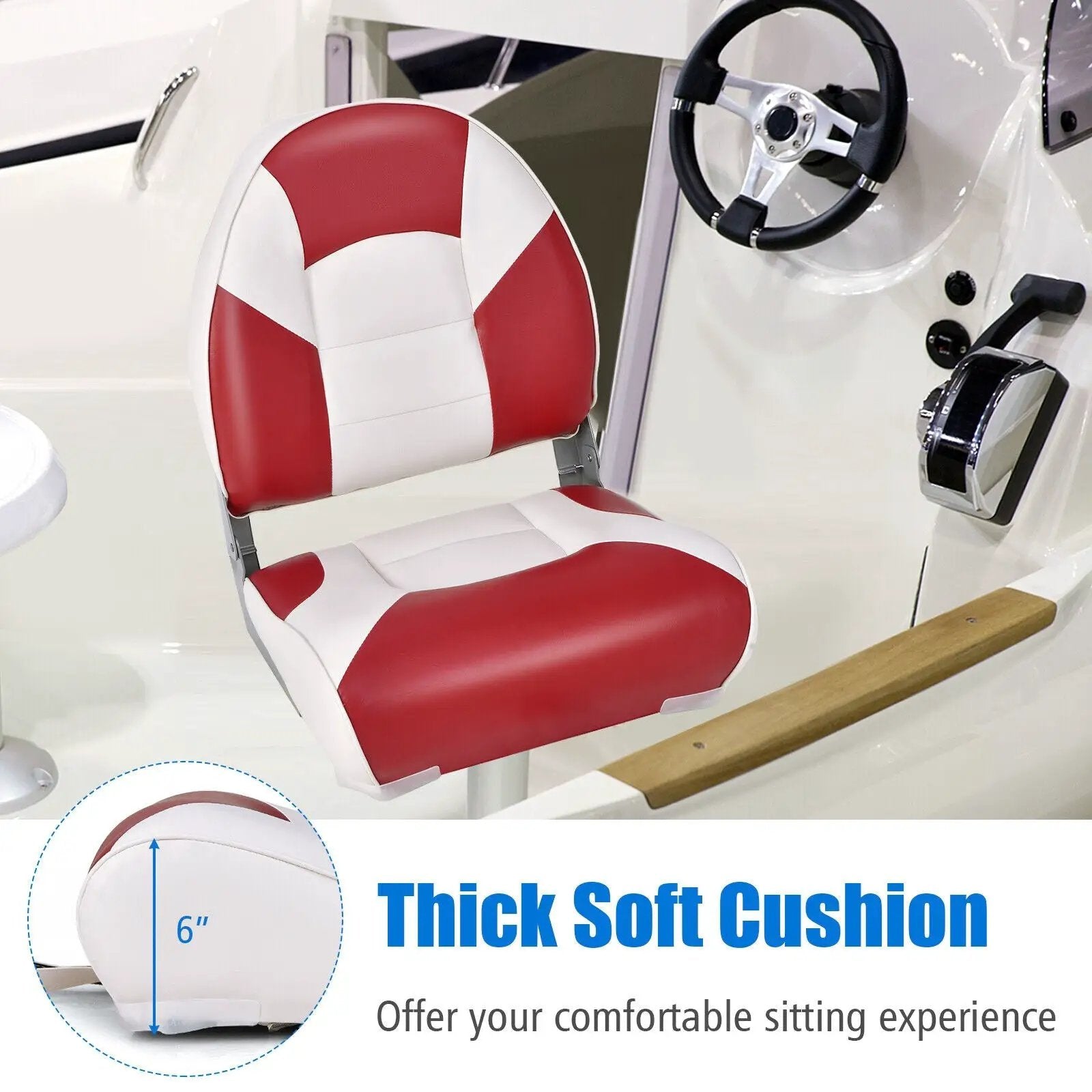 Low Back Boat Seat Folding Fishing chair with Thickened High-density Sponge Padding-Red by DirectDeals