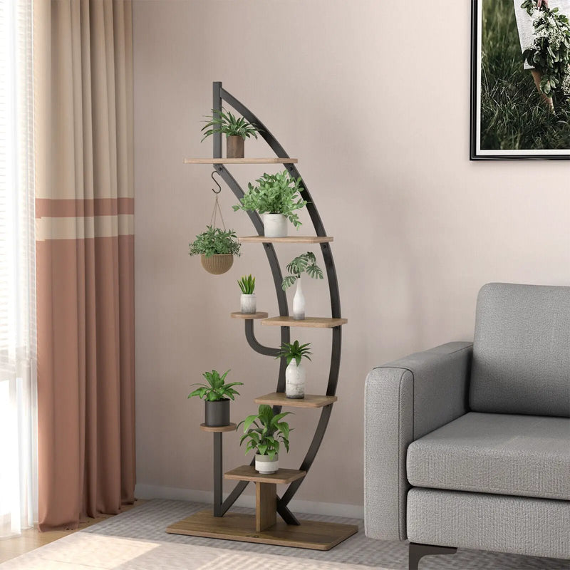 6-Tier 9 Potted Metal Plant Stand Holder Display Shelf with Hook-White by DirectDeals