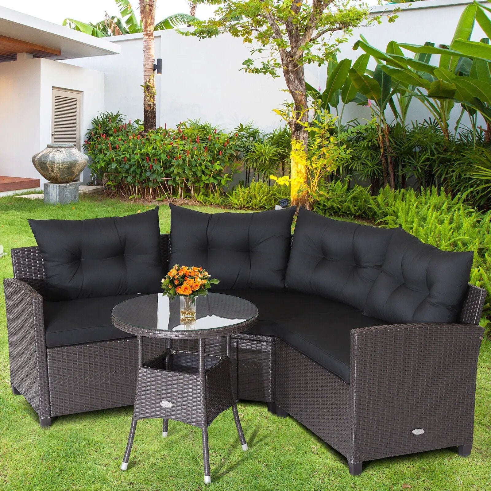 4 Pieces Patio Rattan Furniture Set Cushioned Sofa Glass Table by DirectDeals