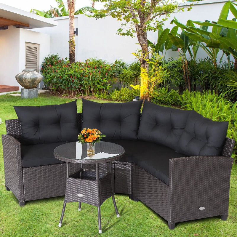 4 Pieces Patio Rattan Furniture Set Cushioned Sofa Glass Table by DirectDeals