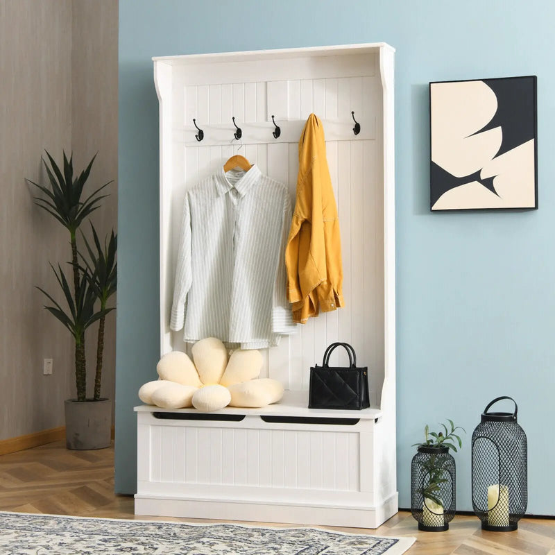 3-in-1 Entryway Hall Tree Coat Rack Shoe Bench with Hooks and Bottom Storage-White by DirectDeals