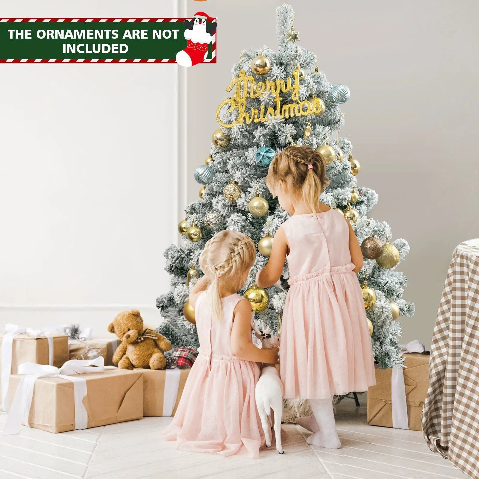 4.5 Feet Pre-Lit Premium Snow Flocked Christmas Tree with 150 Lights by DirectDeals