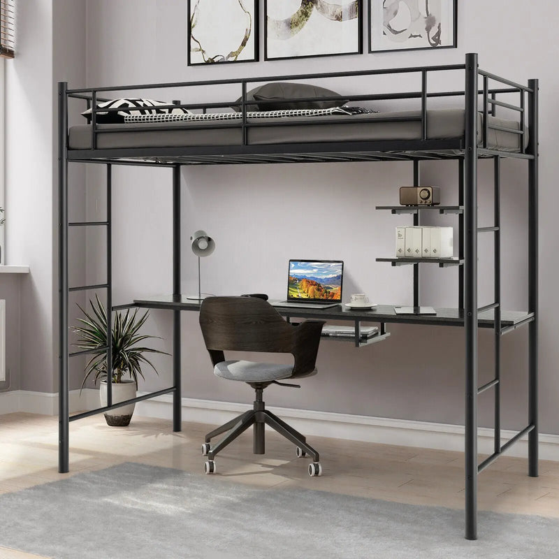 Twin Size Loft Bunk Bed with Desk Storage Shelf and Full Length Ladders-Black by DirectDeals